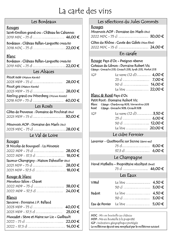 La carte des vins